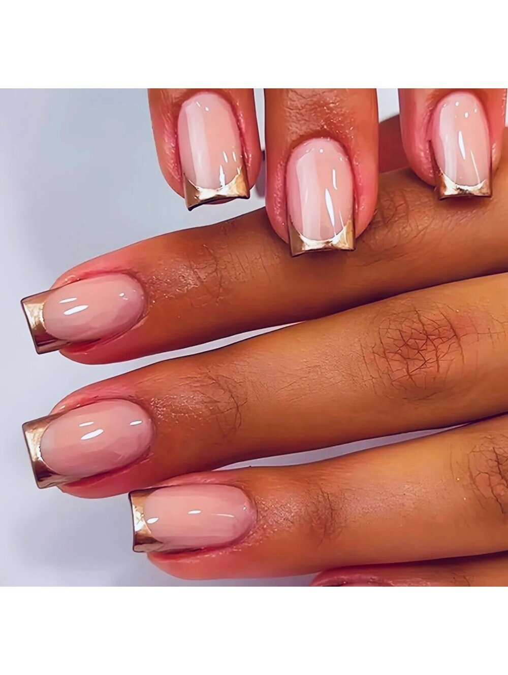 New - 24pcs -Glossy -Gold -Reusable Press-On Nails with French Manicure Design